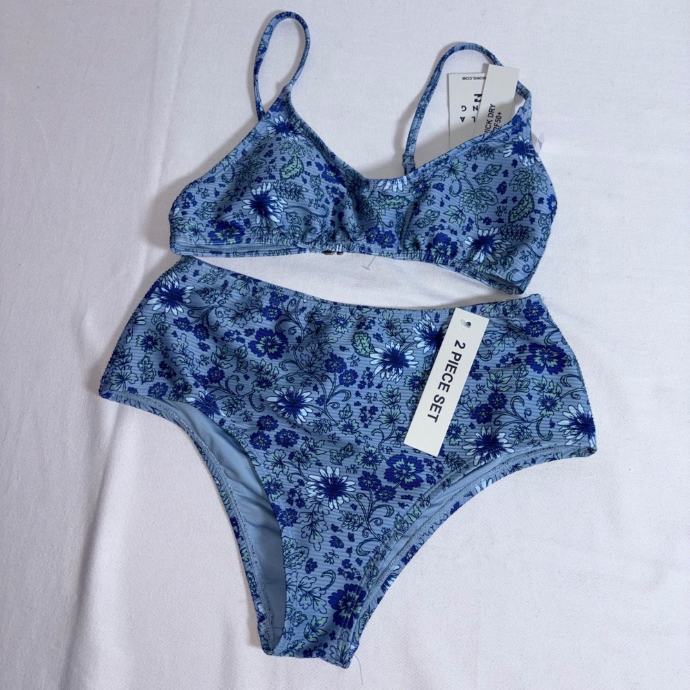 Billabong Bikini Set Small Blue New Floral High Waisted Ribbed UPF 50+